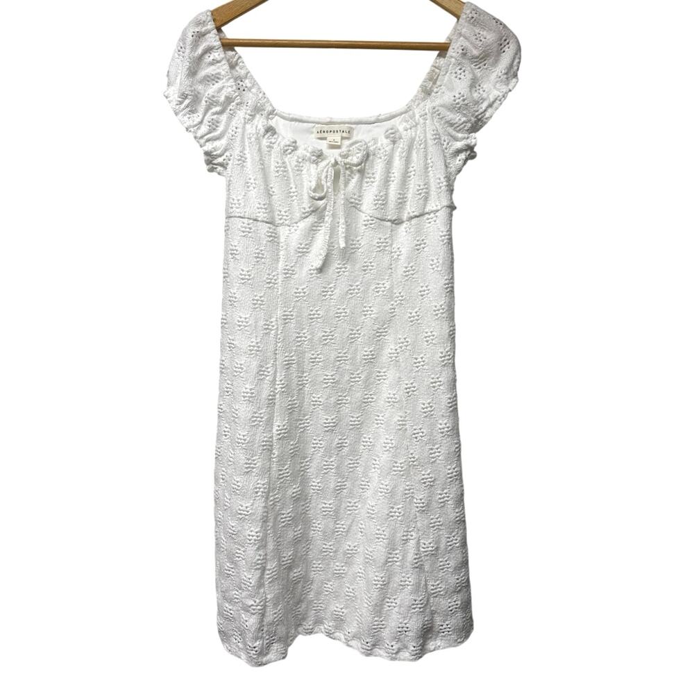 Aéropostale Small White Eyelet Peasant Mini Dress Puff Sleeve Tie Front Cottage